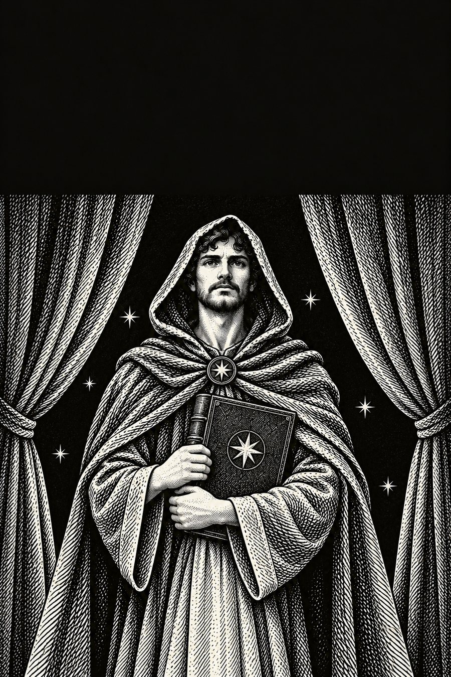 Le magicien tient le livre fermé, devant un rideau de théâtre